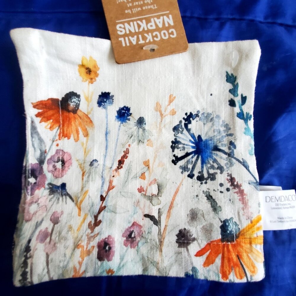 4 NWT Lori Siebert Cocktail Napkins "Meadow Flowers" Demdaco Watercolor Florals